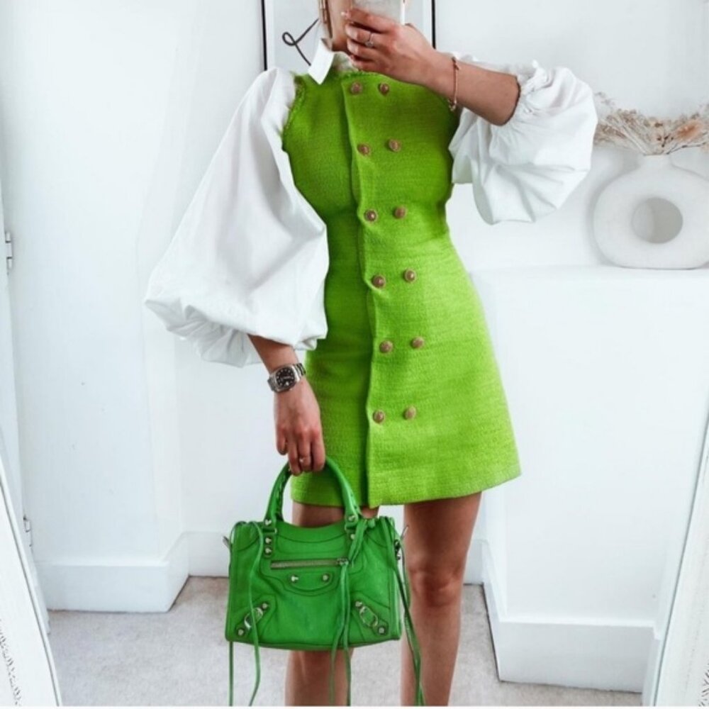 NWT ZARA Textured Weave Dress With Buttons M Green - Picture 4 of 13
